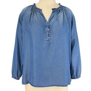 NWT J Jill Denim Chambray Peasant Top 2X Blue Balloon Sleeve Ruched Cottagecore